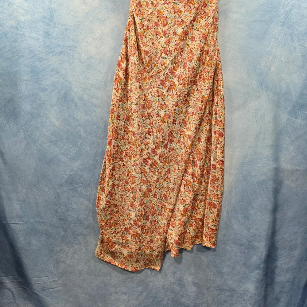 Dex Floral Cowl Neck Midi Slip Dress Pink Orange Small Asymmetrical Hem‎